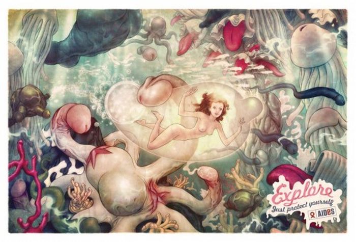 dessin représentant une femme nue dans un préservatif flottant dans un paysage sous-marin